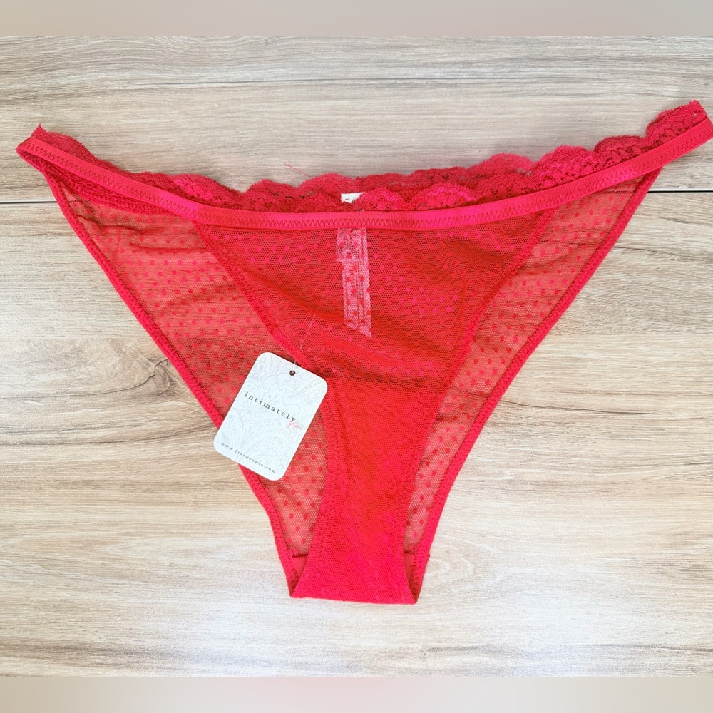 NWT ✨ Free People Intimately ‘Midweek Bikini’ Red Mesh Polka Dot Panties Sz SM